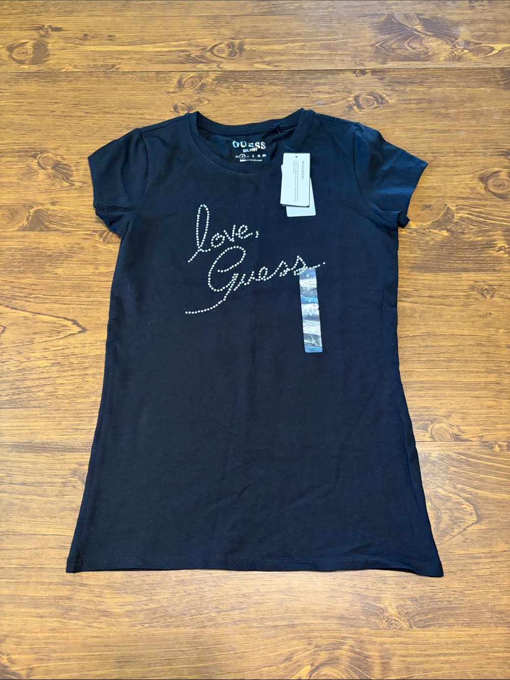Guess Black Short Sleeve Tee with Crystal 'Love, Guess' Script